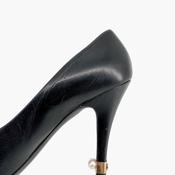 Chanel Peep Toe CC Logo Pearl Black Leather Pumps High Heels Size 38.5 US 7.5-8 - Picture 12 of 16